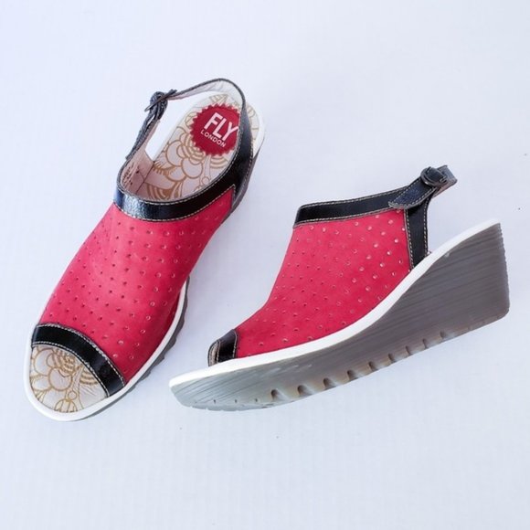 Fly London Shoes - Fly London Red Laser Cut Peep Toe Wedge Sandals